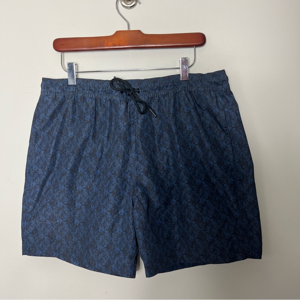 Theory Men’s Swim Trunks Bathing Suit Board Shorts Dark Blue Print Large 470